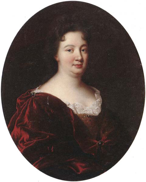 Portrait of a landy,said to be marie de pontchartrin,half length,wearing a red velvet mantle over a gold braided dress and lace shirt